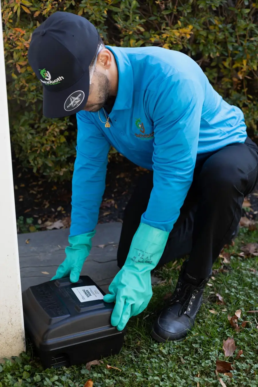 Technician placing a rodent bait station beside a home