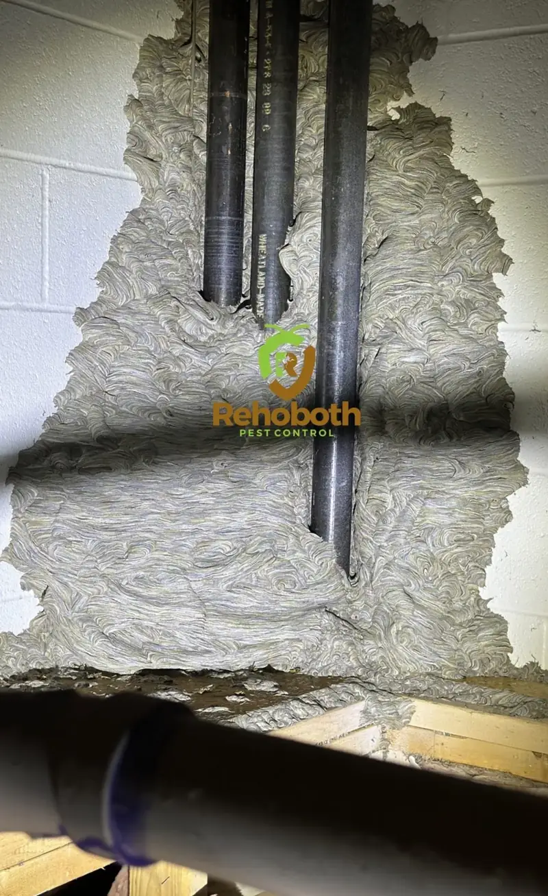 Large paper wasp nest found inside a basement wall around pipes